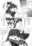 ?! anthro bandai_namco canid canine canis comic dialogue domestic_cat duo exclamation_point felid feline felis greyscale guntz hi_res japanese_text klonoa klonoa_(series) male mammal monochrome question_mark shaolin_bones text translated wolf