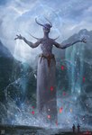 2019 alien alien_humanoid armlet back_spikes bottomwear campfire clothed clothing cloud constellation day detailed detailed_background digital_media_(artwork) digital_painting_(artwork) extreme_size_difference fire fjord hi_res horn human humanoid lake macro magic male male_humanoid mammal mist_xg mountain not_furry outside outstretched_arms pale_skin particles purple_body purple_skin river size_difference skirt spikes spikes_(anatomy) splash topless water