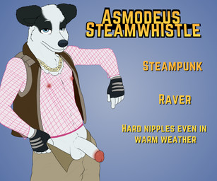 anthro balls chain clothing fingerless_gloves fishnet_clothing fishnet_topwear genitals gloves gold_(metal) gold_chain handwear humanoid_genitalia humanoid_penis male nipples penis raver smug text topwear vest inprogress asmodeus_steamwhistle canid canine mammal 6:5 absurd_res english_text hi_res