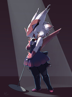 anthro biped butt clothing dress electronics eyelashes eyes_closed female microphone open_mouth shadow singing smile solo standing white_body ajin nintendo pokemon generation_3_pokemon latias legendary_pokemon pokemon_(species) hi_res