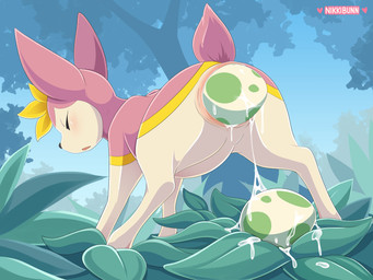 belly black_nose blush bodily_fluids countershade_face countershade_fur countershade_torso countershading detailed_background dripping egg eyes_closed female feral flower forest fur genital_fluids genitals head_flower low-angle_view markings nude open_mouth outside oviposition pink_body pink_fur plant pokemon_egg pregnant pregnant_female quadruped rear_view scut_tail short_tail solo standing stretched_vagina tail tan_body tan_countershading tan_fur text tree vaginal_fluid_drip vaginal_fluid_string vaginal_fluids vaginal_fluids_on_ground vaginal_oviposition vulva yellow_flower yellow_markings nikkibunn nintendo pokemon deerling generation_5_pokemon pokemon_(species) spring_deerling 2020 4:3 absurd_res artist_name digital_media_(artwork) hi_res shaded