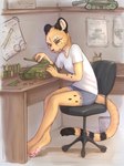 anthro barefoot black_body black_fur black_spots blue_bottomwear blue_clothing blue_shorts bottomwear chair clothed clothing desk detailed_background feet female fully_clothed fur furniture inside markings office_chair pawpads pink_pawpads shirt shorts sitting solo spots spotted_body spotted_fur t-shirt table topwear white_clothing white_shirt white_t-shirt white_topwear yellow_body yellow_fur yshanii tabitha_(crash2draw) cheetah felid feline mammal 2024 digital_drawing_(artwork) digital_media_(artwork) hi_res