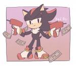 anthro biped black_body black_eyes black_fur blush blush_stickers border chest_tuft clothing footwear fur gloves half-closed_eyes handwear holding_object male money narrowed_eyes pink_background red_body red_fur shoes simple_background solo standing text tuft white_body white_border white_fur buke3jp sega sonic_the_hedgehog_(series) shadow_the_hedgehog eulipotyphlan hedgehog mammal english_text hi_res