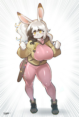 anthro big_breasts blush bodysuit breasts butt clothed clothing female fist footwear hair looking_at_viewer melee_weapon pink_bodysuit pink_clothing pink_skinsuit shoes simple_background skinsuit smile solo standing sword thick_thighs tight_clothing topwear weapon xeppir lagomorph leporid mammal rabbit 2025 absurd_res hi_res