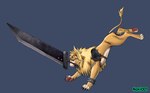 absurd_res blonde_mane blue_eyes bracelet buster_sword claws cloud_strife felid feline feral final_fantasy final_fantasy_vii grey_background hi_res jewelry legs_in_air lighter_belly lion male mammal mane melee_weapon noki001 pantherine pawpads paws shoulder_pads simple_background solo square_enix sword sword_in_mouth weapon whiskers