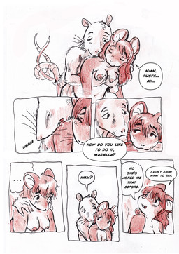 anthro biped bite breast_play breasts dialogue duo entwined_tails female fur hair male male/female size_difference smaller_female speech_bubble tail tail_coil text bedupolker mariella_mazatzal rusty_reavis cricetid deer_mouse mammal mouse murid murine rat rodent comic english_text hi_res trans_(lore) trans_man_(lore)