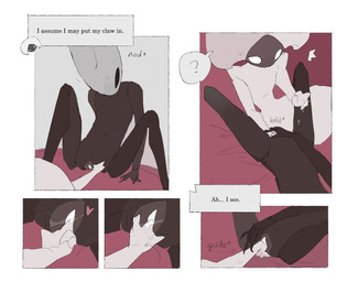 anthro bedroom biped black_body black_eyes blush blush_lines bodily_fluids border detailed_background dialogue duo empty_eyes explicitly_stated_consent female female/female female_anthro female_humanoid fingering fingering_partner genital_fluids genitals grey_vulva guiding_in humanoid_on_anthro inside looking_at_another looking_at_partner lying mouthless nude on_back onomatopoeia question_mark sex sound_effects speech_bubble spread_legs spreading talking_to_another talking_to_partner text vaginal_fluid_string vaginal_fluids vaginal_fluids_on_hand vulva white_body white_border white_eyes justdog hollow_knight:_silksong hollow_knight_(franchise) team_cherry hornet_(hollow_knight) lace_(hollow_knight:_silksong) arthropod humanoid 2025 comic digital_drawing_(artwork) digital_media_(artwork) english_text hi_res