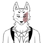 anthro burn_scar clothed clothing facial_scar fully_clothed hair hoodie jacket looking_at_viewer male military minimal_color necktie scar simple_background solo suit topwear white_background anonymous_artist canid canine canis coyote mammal 1:1 digital_media_(artwork) half-length_portrait portrait