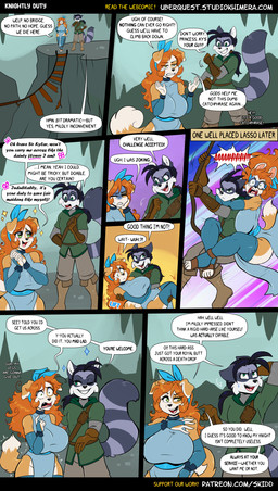 anthro dialogue duo female humor knight kylar_(uberquest) male princess royalty warrior phuufy uberquest kibbles_(uberquest) kibella_aradelle kylar_mclaughlin canid canine canis domestic_dog mammal procyonid raccoon shiba_inu spitz absurd_res comic hi_res