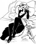 2019 anthro bed breasts cleavage clothed clothing ear_piercing female flower furniture kelly_o'dor mammal mephitid monochrome open_mouth piercing pillow plant pose skunk solo striped_skunk tegerio zandar's_saga