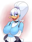 anthro arm_under_breasts big_breasts breasts cleavage clothed clothing collar ear_piercing ear_ring female half-closed_eyes narrowed_eyes non-mammal_breasts piercing ring_piercing shirt solo tight_clothing topwear minxydoodle disney house_of_mouse daisy_duck anatid anseriform avian bird duck hi_res