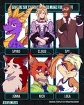 anthro blonde_hair blue_eyes blush cigarette clothing eyebrows female feral fur green_eyes group hair male open_mouth orange_body orange_fur purple_body purple_eyes red_body red_fur smile teeth text yellow_eyes keidalexandra activision balto_(series) disney final_fantasy final_fantasy_vii looney_tunes mythology six_fanarts_challenge spyro_the_dragon square_enix team_fortress_2 universal_studios valve warner_brothers zootopia cloud_strife jenna_(balto) lola_bunny nick_wilde spy_(team_fortress_2) spyro canid canine canis domestic_dog dragon fox human husky lagomorph leporid mammal mythological_creature mythological_scalie nordic_sled_dog rabbit red_fox scalie spitz true_fox english_text meme