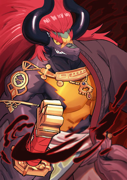 anthro biped black_body clothed clothing cosplay crossover_cosplay eyebrows front_view grey_body grin hair holding_object holding_weapon horn jewelry legwear looking_at_viewer male melee_weapon muscular muscular_anthro muscular_male red_eyes red_hair robe sharp_teeth smile solo sword teeth weapon yellow_sclera ryuulabo bushiroad future_card_buddyfight mythology nintendo the_legend_of_zelda demon_lord_dragon_batzz ganondorf dragon mythological_creature mythological_scalie scalie 2025 crossover digital_drawing_(artwork) digital_media_(artwork) hi_res
