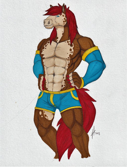 abs anthro armwear blue_armwear blue_bottomwear blue_clothing blue_eyes bottomwear brown_body brown_fur clothed clothing front_view fur hair hand_on_hip looking_at_viewer male male_anthro mouth_closed muscular muscular_anthro muscular_male navel pecs red_hair red_tail solo standing tail tan_body tan_fur topless hufnaar equid equine horse mammal 2018 dated hi_res