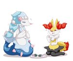 ambiguous_gender anthro blue_eyes duo feral food fur inner_ear_fluff tuft yellow_body yellow_fur dlrowdog nintendo pokemon braixen canid canine generation_6_pokemon generation_7_pokemon mammal marine pinniped pokemon_(species) primarina