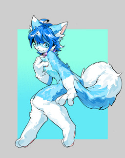 anthro bent_over blue_body blue_eyes blue_fur blue_hair collar fox_tail fur hair head_turned kemono looking_back male playful seductive slim smile smirk solo suggestive_pose tail teasing three-quarter_view hk_bb mikey_(mikey_fox) canid canine fox mammal absurd_res hi_res