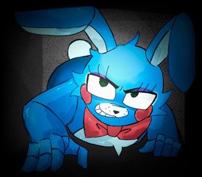 anthro blue_body blue_fur bow_tie crawling femboy fur looking_at_viewer male red_bow_tie smug_grin solo ikyt to0tw five_nights_at_freddy's five_nights_at_freddy's_2 scottgames bonnie_(fnaf) toy_bonnie_(fnaf) lagomorph leporid mammal rabbit robot_anthro