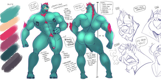 5_toes abs anthro areola arm_tuft balls biped bodily_fluids body_hair butt chest_hair claws color_swatch cross-popping_vein elbow_tuft facial_hair feet finger_claws foreskin front_view genitals goatee green_body hair humanoid_genitalia humanoid_penis information looking_at_viewer male measurements multiple_poses muscular muscular_anthro muscular_male nipple_piercing nipples nude open_mouth partially_retracted_foreskin pecs penis piercing pose pubes rear_view red_hair smile smirk solo standing tears text toes tongue tuft tusks arts_of_indiego taz_(arts_of_indiego) demon 2021 absurd_res dated english_text expression_sheet hi_res model_sheet