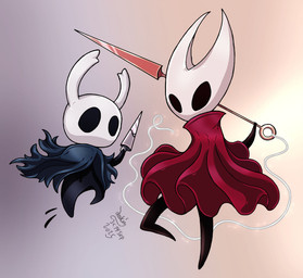 ambiguous_gender anthro black_body black_cloak black_clothing cape cloak clothing duo empty_eyes female gradient_background half-siblings holding_object holding_weapon horn hornet's_needle mouthless nail_(weapon) red_cloak red_clothing red_eyes simple_background weapon white_head joakaha hollow_knight_(franchise) team_cherry hornet_(hollow_knight) the_knight_(hollow_knight) arachnid arthropod spider vessel_(species) 2025 dated hi_res signature brother_(lore) half_brother_(lore) half_sister_(lore) sibling_(lore) sister_(lore)