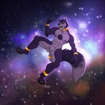 abs anthro arm_tuft armpit_hair black_nose body_hair cheek_tuft chest_tuft collar cosmic_background crotch_tuft elbow_tuft facial_piercing facial_tuft featureless_crotch front_view fur gold_(metal) gold_tooth grey_body grey_fur grey_tail hair happy knee_tuft leg_tuft male muscular muscular_anthro muscular_male nebula nose_piercing nose_ring nude open_mouth open_smile pecs piercing purple_body purple_fur purple_tail red_eyes ring_piercing septum_piercing septum_ring short_hair smile solo space space_background star tail tuft unsigned yellow_collar ninetht canid canine canis mammal wolf 1:1 full-length_portrait portrait