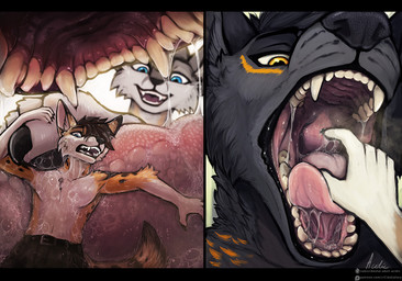 anthro arm_tuft black_bars black_hair black_nose blue_eyes bodily_fluids brown_hair clothed clothing duo elbow_tuft front_view fur glistening glistening_eyes grey_body grey_fur hair hand_in_mouth male male_anthro markings mouth_shot on_tongue open_mouth open_smile oral_vore reverse_mouth_shot saliva saliva_bubble saliva_on_arm saliva_on_chest saliva_on_face saliva_on_tongue short_hair smile spotted_arms tongue topless tuft vore white_body white_fur yellow_body yellow_eyes yellow_fur yellow_markings acidic canid canine felid mammal letterbox signature