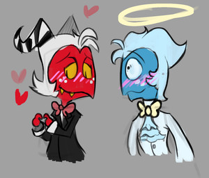 blue_body blue_hair blue_skin blush blush_lines bow_tie cartoon_freckles clothing duo fingers_together freckled_face freckles hair halo horn index_to_index jacket male pupils red_body red_skin slit_pupils topwear white_hair yellow_eyes foxymoxxie hellaverse helluva_boss moxxie_(helluva_boss) angel angel_humanoid demon demon_humanoid humanoid imp colored