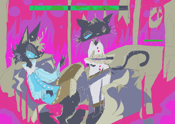 ambiguous_gender anthro blue_clothing blue_sclera blue_shirt blue_topwear bottomwear brown_bottomwear brown_clothing brown_shorts chair clothing detailed_background duo fur furniture grey_body grey_fur holding_object shirt shorts sitting standing suit topwear white_clothing white_suit naircat domestic_cat felid feline felis mammal 2017 digital_drawing_(artwork) digital_media_(artwork) microsoft_paint_(artwork)