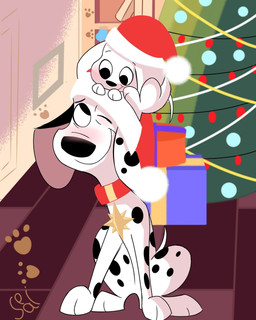 black_ear black_spots christmas_clothing christmas_decorations christmas_headwear christmas_lights christmas_tree clothing collar duo female feral fur gift gold_(metal) hat headgear headwear heterochromatic_ears holidays male pink_inner_ear plant red_collar santa_hat spots tree white_body white_fur white_spots young seisai1751 101_dalmatian_street 101_dalmatians christmas disney dorothy_(101_dalmatians) dylan_(101_dalmatians) canid canine canis dalmatian domestic_dog mammal hi_res