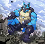 2d_animation aircraft airplane animated anthro blue_body border bouncing_bulge bulge canid canine city clothing crouching destruction detailed_bulge explosion generation_4_pokemon hi_res jet latea_hyena lucario macro macro_anthro macro_male male male_focus mammal motion_tweening muscular muscular_male nintendo no_sound pokemon pokemon_(species) red_eyes short_playtime speedo swimwear tank togepi1125 vehicle webm wolfmalro