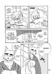 anthro dialogue duo fur japanese kemono male text 1boshi canid canine fox mammal comic greyscale hi_res japanese_text monochrome