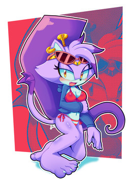 anthro barefoot bikini blush breasts circlet claws clothed clothing cosplay crossover_cosplay ear_piercing ear_ring eyelashes eyewear eyewear_on_head fangs feet female fur hair jacket kneeling long_hair looking_at_viewer medium_breasts navel open_clothing open_jacket open_mouth open_smile open_topwear piercing ponytail purple_body purple_fur purple_hair ring_piercing smile smiling_at_viewer solo sunglasses sunglasses_on_head swimwear tail teeth text topwear two-piece_swimsuit wearing_sunglasses white_body yellow_eyes jarvidtakero sega shantae_(series) sonic_the_hedgehog_(series) wayforward blaze_the_cat shantae domestic_cat felid feline felis mammal 2026 absurd_res crossover digital_drawing_(artwork) digital_media_(artwork) english_text hi_res