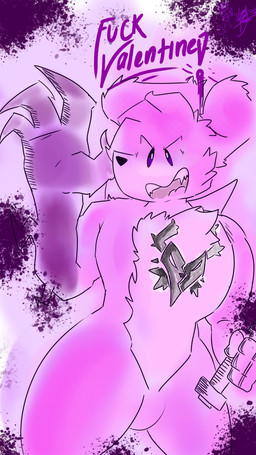 anthro claws fur hair holidays male melee_weapon pink_body pink_fur pink_hair purple_arms rabbit_ears sharp_teeth solo sword tattoo teeth text weapon lunnybunny19 valentine's_day lunny_(lunnybunny19) lagomorph leporid mammal rabbit 9:16 hi_res