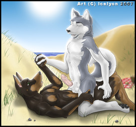 4_toes 5_fingers anal anal_penetration anthro anthro_on_anthro beach biped black_border black_eyebrows black_nose black_pawpads blue_sky border brown_body brown_fur cowgirl_position day detailed_background duo erection eyebrows eyes_closed feet fingers from_front_position fur genitals glans green_eyes grey_body grey_fur grey_tail hand_holding hand_on_leg hand_on_thigh humanoid_genitalia humanoid_hands humanoid_penis inner_ear_fluff interlocked_fingers lying male male/male male_on_bottom male_on_top male_penetrated male_penetrating male_penetrating_male multicolored_body multicolored_fur multicolored_tail nude nude_beach on_back on_bottom on_top open_mouth outdoor_nudity outside outside_sex pawpads paws penetration penis pink_penis sand seaside sex sex_on_the_beach side_view sky snout straddling sun tail teeth toes tuft two_tone_body two_tone_fur two_tone_tail white_body white_fur white_tail icelyon canid canine canis dobermann domestic_dog husky mammal nordic_sled_dog pinscher spitz 2007 digital_media_(artwork) watermark