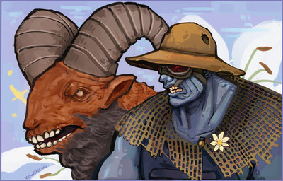 ambiguous_gender blue_body blue_skin clothed clothing duo eyewear feral flower hat headgear headwear horn looking_aside new_vegas outside plant shawl sheep_horns sun_hat teeth_showing wearing_goggles wearing_hat howgalling fallout microsoft lily_bowen bighorner_(fallout) humanoid super_mutant_(fallout) 2026 english_description female_(lore)