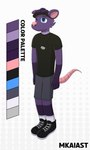 accessory anthro black_clothing blue_eyes bottomwear clothed clothing eyebrows footwear fur hair hat headgear headwear jewelry male necklace purple_body purple_fur purple_hair shirt shoes shorts smile socks solo standing t-shirt tail topwear visor_cap mkaiast american_opossum mammal marsupial absurd_res hi_res model_sheet