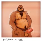 anthro balls belly black_nose bodily_fluids brown_body erection facial_piercing genital_fluids genitals humanoid_genitalia humanoid_hands humanoid_penis male moobs nipples nose_piercing nose_ring overweight overweight_male penis piercing precum ring_piercing solo text rovindeer gabriel_(rovindeer) bear mammal 2022 absurd_res english_text hi_res