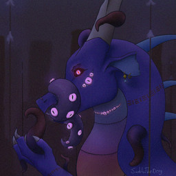 black_sclera ear_piercing ear_ring eyes_on_body eyes_on_tongue female feral glowing glowing_eyes horn markings multi_eye piercing purple_eyes ring_piercing ruins scar solo spines teeth tentacle_eye tentacles text unusual_anatomy unusual_eye_placement janbluthederg mythology janblu dragon eldritch_being mythological_creature mythological_scalie scalie 1:1 english_text hi_res