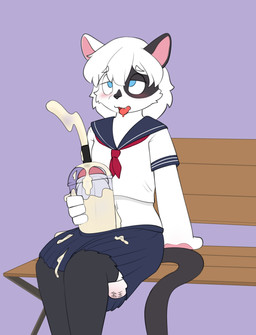 anthro asian_clothing balls bench big_balls big_penis black_body black_fur blue_eyes blush bodily_fluids clothing container cum cum_inside cumming_from_straw cumming_from_urethra cup disposable_cup drinking_straw east_asian_clothing ejaculation erection foreskin fur genital_fluids genitals herm intersex japanese_clothing japanese_school_uniform long_socks male maleherm milk moan multicolored_body navel nervous park_bench partially_retracted_foreskin penetration penis school_uniform solo straw_in_penis text uniform urethral urethral_penetration white_body white_fur anonymous_artist meko domestic_cat felid feline felis mammal absurd_res hi_res japanese_text maleherm_(lore)