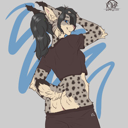 anthro anus anus_only black_clothing black_hair blue_eyes bottomwear bottomwear_down butt clothed clothing female fluffy fluffy_butt fluffy_tail fur hair hand_on_hair hand_on_head looking_at_viewer multicolored_body multicolored_fur pants pants_down partially_clothed ponytail rear_view simple_background smile solo tail text kristhelynx felid feline lynx mammal 1:1 2025 english_text hi_res
