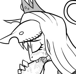 bite blush bodily_fluids collar crown ear_piercing eyelashes fangs female fungus headgear mushroom not_furry notched_ear piercing saliva solo spots teeth thick_eyelashes unknown_artist phoebe_and_her_unicorn queen_prunella_von_blaart goblin humanoid black_and_white monochrome