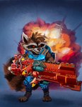 anthro armor big_gun blue_background blue_clothing brown_body brown_fur clothed clothing detailed_background ear_piercing ear_ring explosion explosives fluffy fluffy_tail front_view fully_clothed fur gloves grin gun handwear harness male male_anthro oversized_weapon paws piercing raccoon_tail ranged_weapon red_eyes ring_piercing sharp_teeth simple_background smile solo tail teeth teeth_showing weapon ariwolfer guardians_of_the_galaxy marvel marvel_rivals rocket_raccoon mammal procyonid raccoon theet absurd_res digital_media_(artwork) hi_res