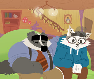 anthro black_body black_fur black_nose blue_clothing blue_hoodie blue_topwear blush bottomwear brown_bottomwear brown_clothing brown_pants clothing detailed_background duo eyes_closed fur furniture headpat hoodie inside male overweight overweight_male pants shirt sitting sofa suspenders topwear white_body white_fur bencomedion beastly_crimes beastly_crimes_(2024) badgercat chief_badger badger domestic_cat felid feline felis mammal mustelid musteline 2026