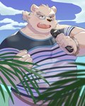 anthro belly blush clothing electronics eyebrows eyewear fronds fur glasses hair male microphone musclegut muscular pecs plant ponytail shirt singing solo t-shirt thick_eyebrows topwear white_body white_fur amidasuke lifewonders tokyo_afterschool_summoners leib_(tas) bear mammal polar_bear ursine absurd_res hi_res