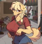 anthro arrows biped black_nose blonde_hair braided_hair breasts clothed clothing detailed_background ear_piercing ear_ring female fur hair holding_object melee_weapon piercing red_eyes ring_piercing solo sword tail weapon yellow_body yellow_fur yellow_tail cooliehigh pepper_(cooliehigh) canid canine canis domestic_dog mammal 2024 hi_res