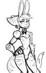 anthro breasts bulge bunny_costume cleavage clothed clothing costume ear_piercing fake_ears fake_rabbit_ears gynomorph hand_on_hip intersex looking_at_viewer piercing prosthetic prosthetic_arm prosthetic_limb solo standing stripes guoh insomniac_games ratchet_and_clank sony_corporation sony_interactive_entertainment rivet_(ratchet_and_clank) lombax mammal digital_drawing_(artwork) digital_media_(artwork) monochrome trans_(lore) trans_woman_(lore)