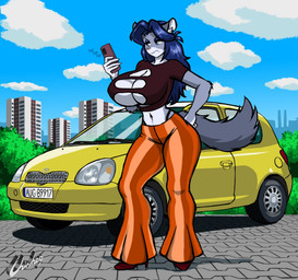 anthro blue_hair breasts car cellphone clothing cloud commie_block electronics female footwear fur grey_body grey_fur hair high_heels holding_cellphone holding_object holding_phone holding_smartphone long_hair navel outside phone plant shoes sidewalk sky smartphone solo tail text vehicle white_body white_fur chisheq toyota june_(chisheq) chinchilla chinchillid mammal rodent hi_res