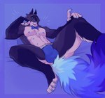 anthro balls_outline black_body black_fur blue_background blue_body blue_fur bow_tie bulge clothing detailed_bulge fur genital_outline grey_body grey_fur hand_on_knee hand_on_leg jockstrap male multi_nipple muscular muscular_anthro muscular_male nipples sheath_outline simple_background solo spread_legs spreading underwear white_body white_fur noirenard renard_(noirenard) canid canine fox mammal hi_res