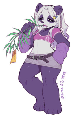 4_toes accessory anthro arm_tuft arm_warmers armwear barefoot belt bottomwear breasts clothing crop_top ear_piercing eyelashes feet female fur hair hair_accessory hairpin leg_tuft narrowed_eyes navel open_mouth paws piercing plant purple_body purple_clothing purple_eyes purple_fur purple_shirt purple_topwear sharp_teeth shirt simple_background skirt small_breasts solo star teeth text thick_thighs toes topwear tuft white_background white_hair wide_hips sanjiro bear giant_panda mammal 2024 dated hi_res japanese_text