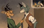 anthro antlers clothed clothing clothing_pull detailed_background duo eye_contact fur horn inside looking_at_another male necktie necktie_pull screencap whoiskairin beastars louis_pulling_legoshi legoshi_(beastars) louis_(beastars) canid canine canis cervine deer mammal red_deer wolf hi_res