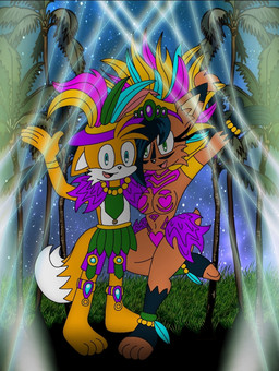 anthro big_breasts black_hair black_nose breasts brown_body clothed clothing dancing duo feathers female forest fur green_eyes hair holidays jewelry jungle lights looking_at_viewer male male/female navel necklace open_mouth outside plant skimpy smile stage tail teeth tree mastermochikun weebmochi69 yaboiskywardmochi1998 archie_comics brazilian_carnival carnival_(holiday) sega sonic_the_hedgehog_(archie) sonic_the_hedgehog_(comics) sonic_the_hedgehog_(series) miles_prower nicole_the_lynx animal_humanoid canid canine digital_creature felid feline fox humanoid lynx mammal digital_media_(artwork) hi_res